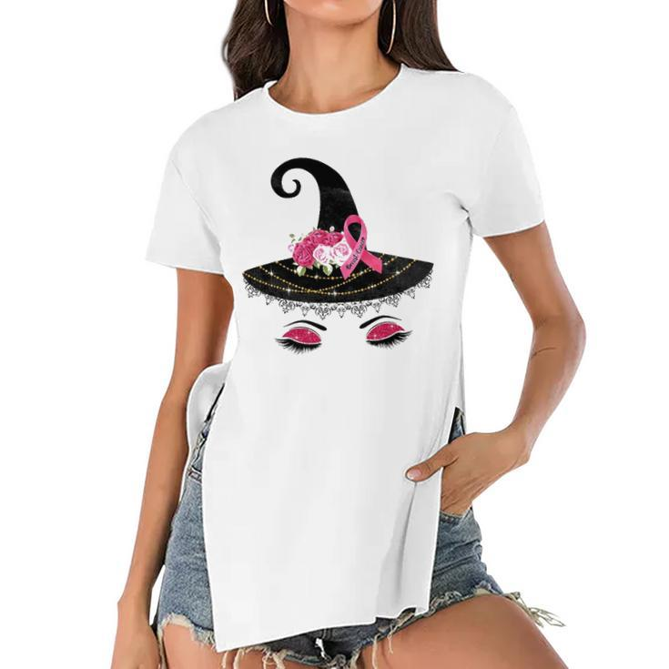 Breast Cancer Witch Hat Pink Ribbon Flower Awareness Month Women's Short Sleeves T-shirt With Hem Split
