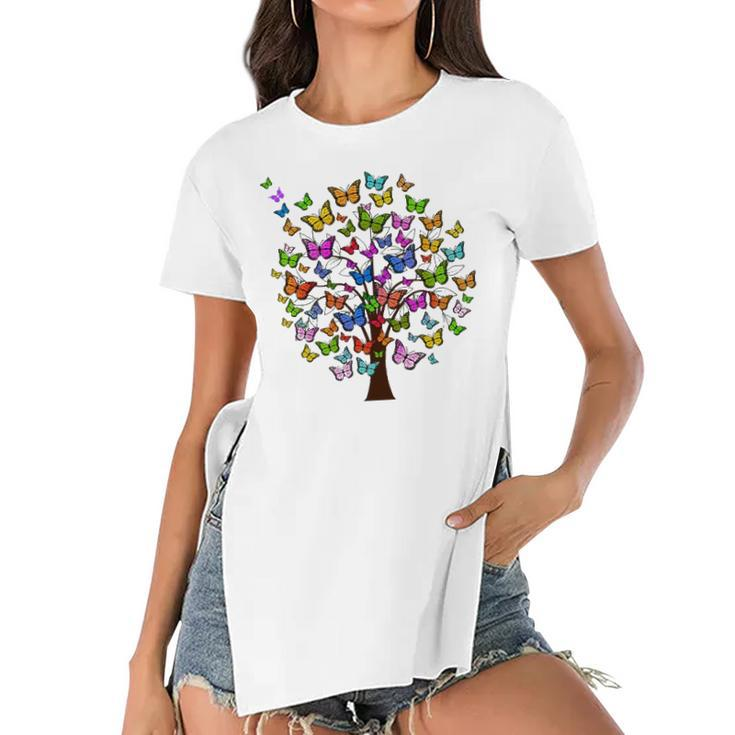 Butterflies On Tree For Butterfly Lovers Women's Short Sleeves T-shirt With Hem Split