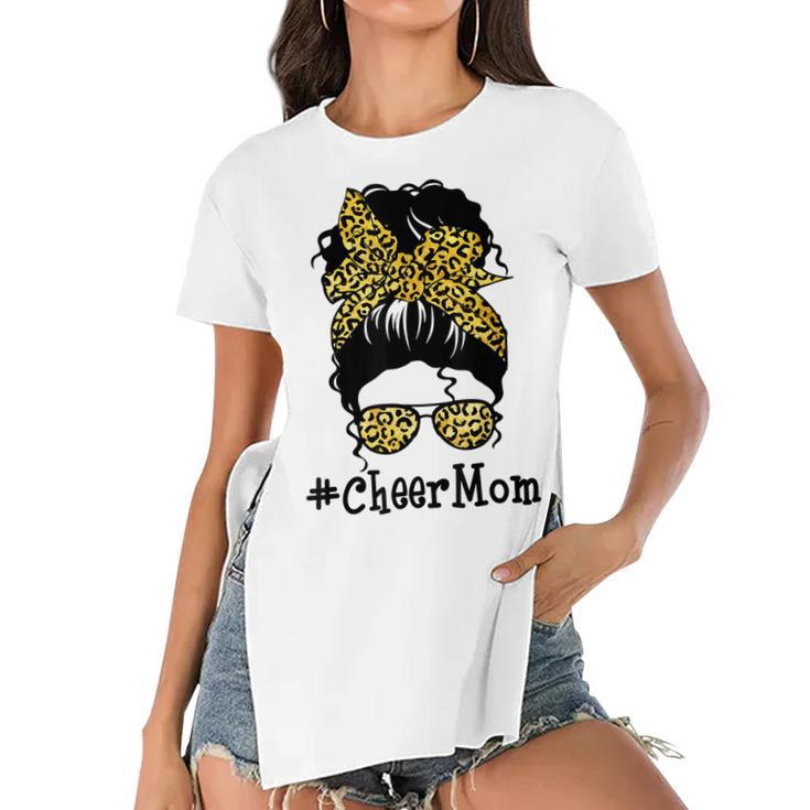 Cheer Mom Leopard Messy Bun Cheerleader Funny Mothers Day  V2 Women's Short Sleeves T-shirt With Hem Split