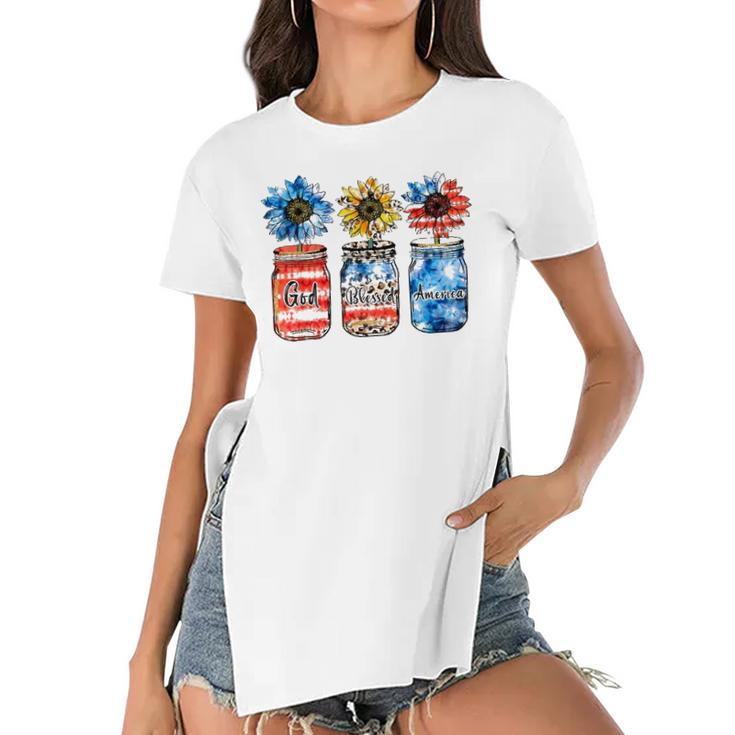 Country Farm Canning Ball Jars Sunflower God Bless America Women's Short Sleeves T-shirt With Hem Split
