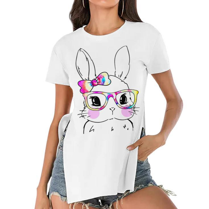 Cute Bunny Rabbit Face Tie Dye Glasses Girl Happy Easter Day Women's Short Sleeves T-shirt With Hem Split