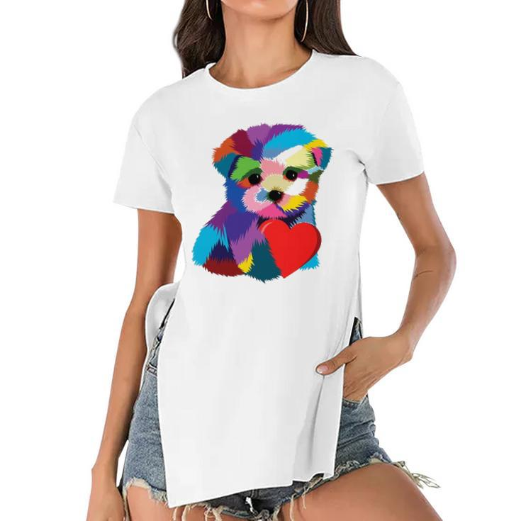 Cute Dog Rescue Gift For Women Men Teens Rainbow Puppy Heart Women's Short Sleeves T-shirt With Hem Split