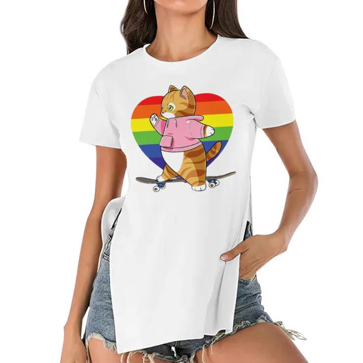 Cute Orange Tabby Cat Skateboarder Rainbow Heart Skater Women's Short Sleeves T-shirt With Hem Split