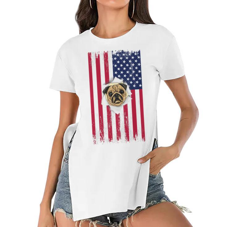 Cute Pug Face & American Flag – 4Th Of July Pug Dad Pug Mom   Women's Short Sleeves T-shirt With Hem Split