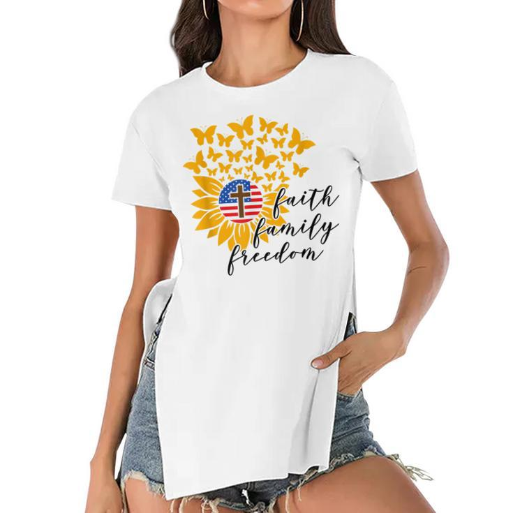 Faith Family Freedom Christian Patriot Sunflower 4Th Of July  Women's Short Sleeves T-shirt With Hem Split