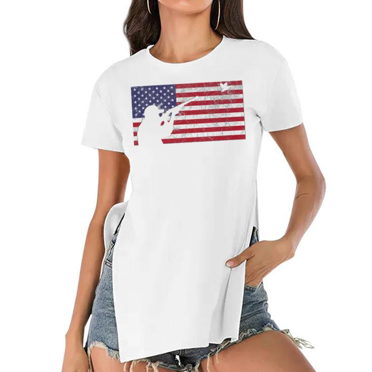 Fourth Of July 4Th American Flag Duck Hunting Geese Dad Usa   Women's Short Sleeves T-shirt With Hem Split
