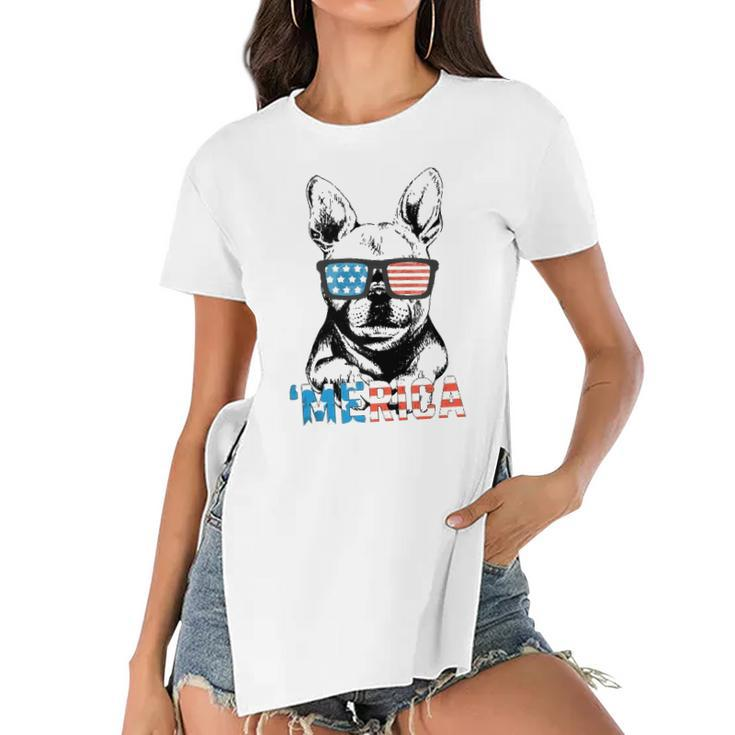 Funny Frenchie Merica Gift Boys Girls Dog Lover 4Th July  Women's Short Sleeves T-shirt With Hem Split