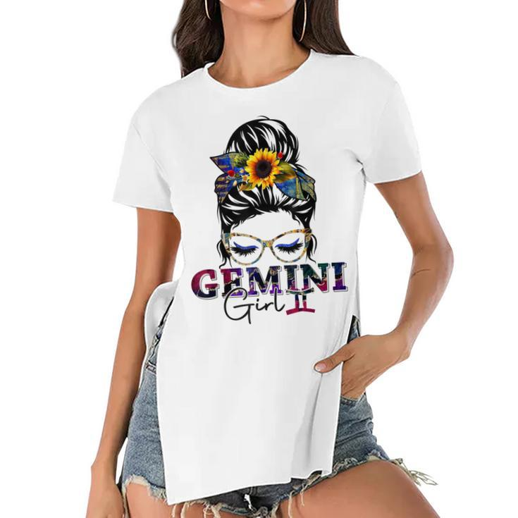 Gemini Girl Birthday Messy Bun Hair Sunflower  Women's Short Sleeves T-shirt With Hem Split