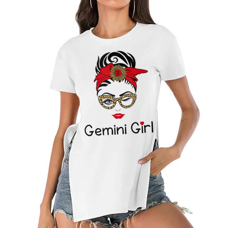 Gemini Girl Leopard Sunflower Zodiac Birthday Girl Women's Short Sleeves T-shirt With Hem Split