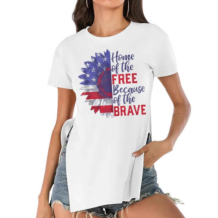Home Of The Free Because Of The Brave Sunflower 4Th Of July  Women's Short Sleeves T-shirt With Hem Split