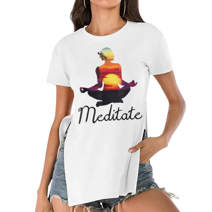 I Meditate T  Yoga Pose Tropical Sunrise Meditation V2 Women's Short Sleeves T-shirt With Hem Split