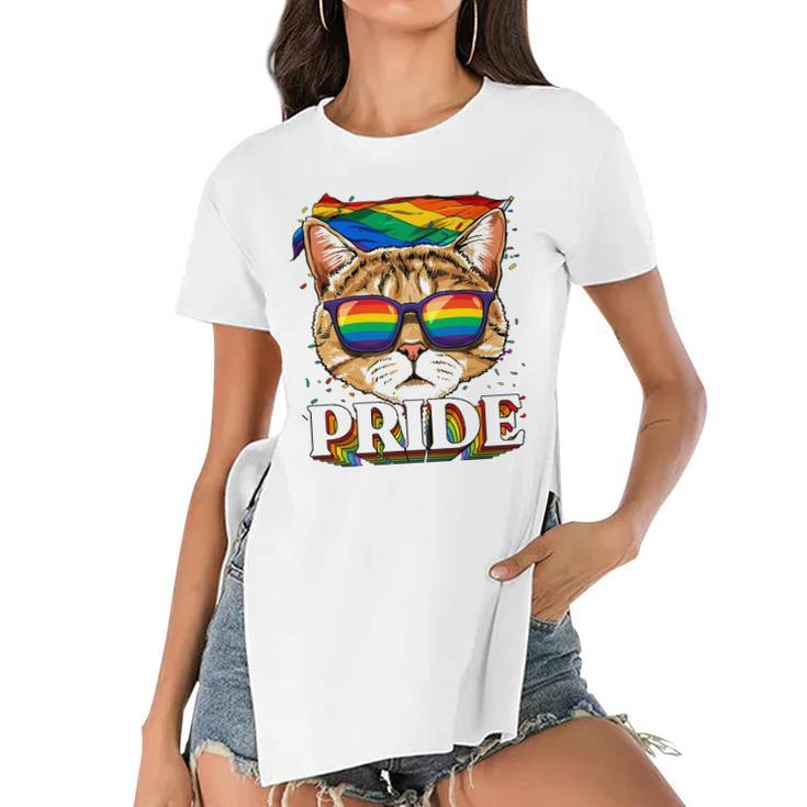 Lgbt Cat Gay Pride Lgbtq Rainbow Flag Sunglasses Women's Short Sleeves T-shirt With Hem Split