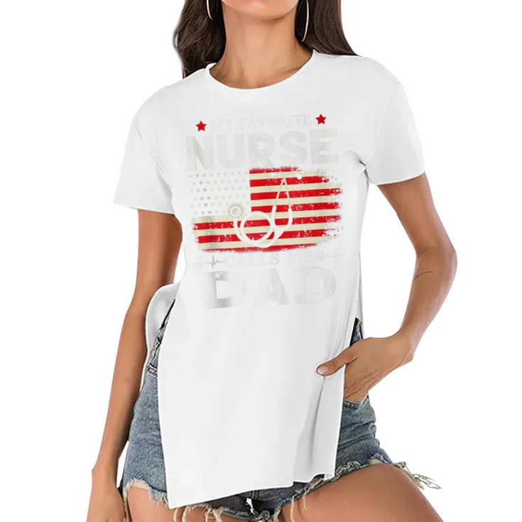 Mens My Favorite Nurse Calls Me Dad American Flag 4Th Of July  Women's Short Sleeves T-shirt With Hem Split