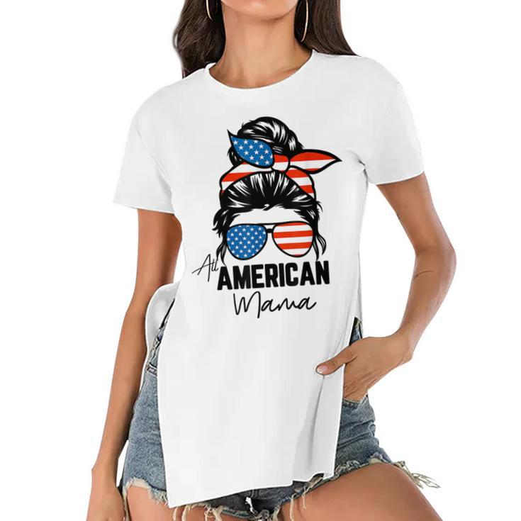 Messy Bun Patriotic  | All American Mama 4Th Of July  Women's Short Sleeves T-shirt With Hem Split
