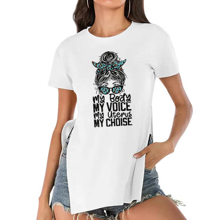 My Body My Uterus Feminist Women Rights Messy Bun Leopard Women's Short Sleeves T-shirt With Hem Split