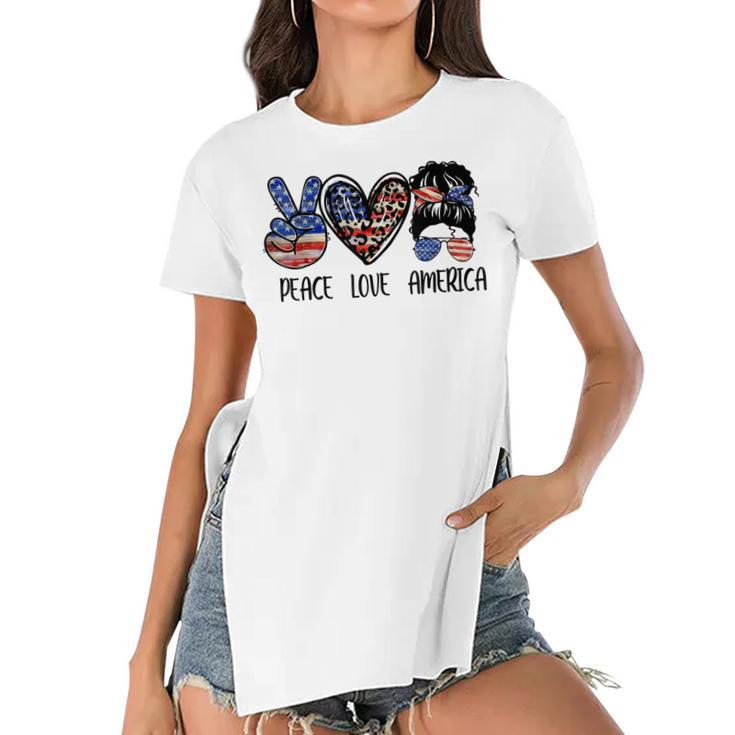 Peace Love America Messy Bun American Flag Funny 4Th Of July  Women's Short Sleeves T-shirt With Hem Split