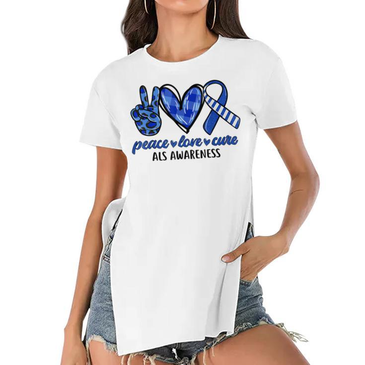 Peace Love Cure Blue & White Ribbon Als Awareness Month  V2 Women's Short Sleeves T-shirt With Hem Split