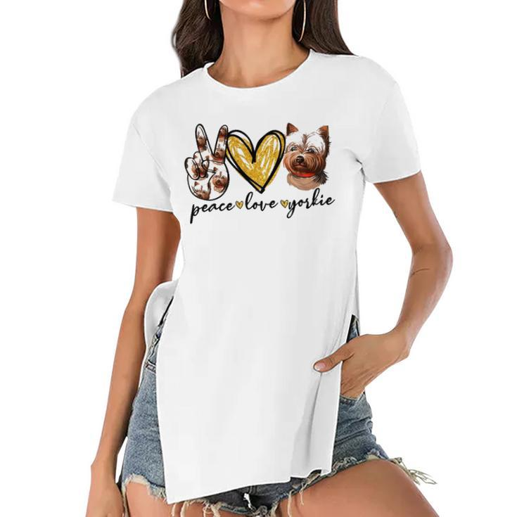 Peace Love Yorkie Dog Lovers Yorkshire Terrier Dad Mom Gift Women's Short Sleeves T-shirt With Hem Split