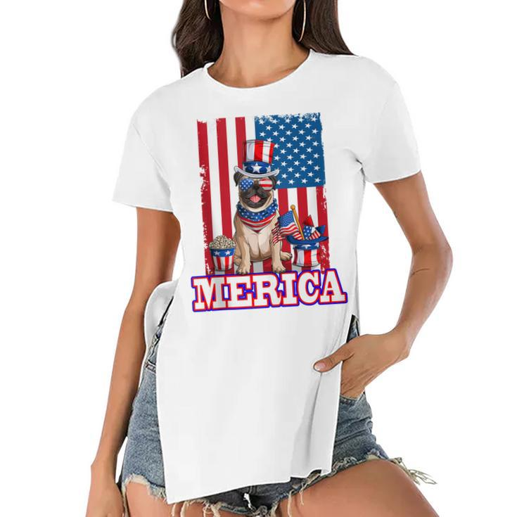 Pug Dad Mom 4Th Of July American Flag Merica Dog  Women's Short Sleeves T-shirt With Hem Split
