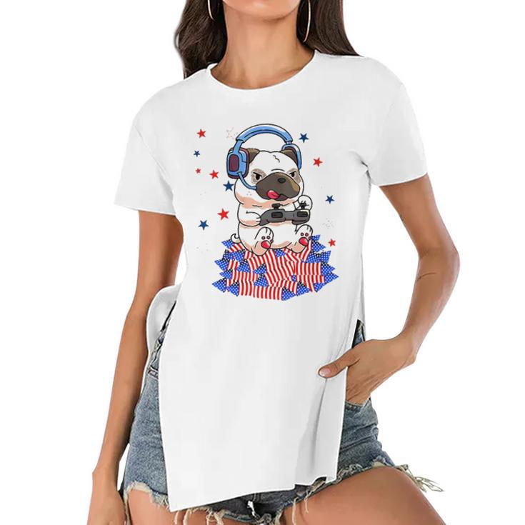 Pug Game Puppy Controller 4Th Of July Boys Kids Video Gamer Women's Short Sleeves T-shirt With Hem Split