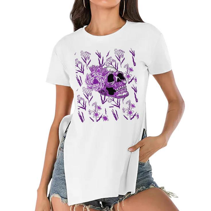 Purple Skull Flower Cool Floral Scary Halloween Gothic Theme Women's Short Sleeves T-shirt With Hem Split