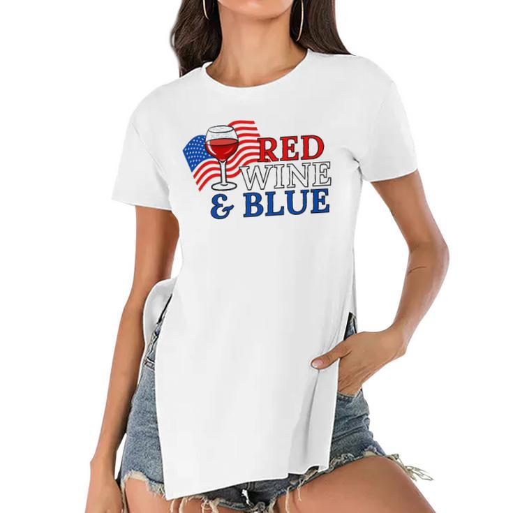 Red Wine & Blue Us Flag 4Th Of July Women's Short Sleeves T-shirt With Hem Split