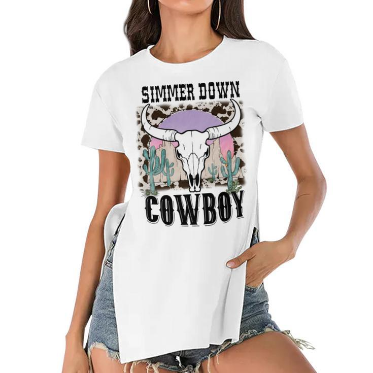 Simmer Down Cowboy Western Style Gift Women's Short Sleeves T-shirt With Hem Split