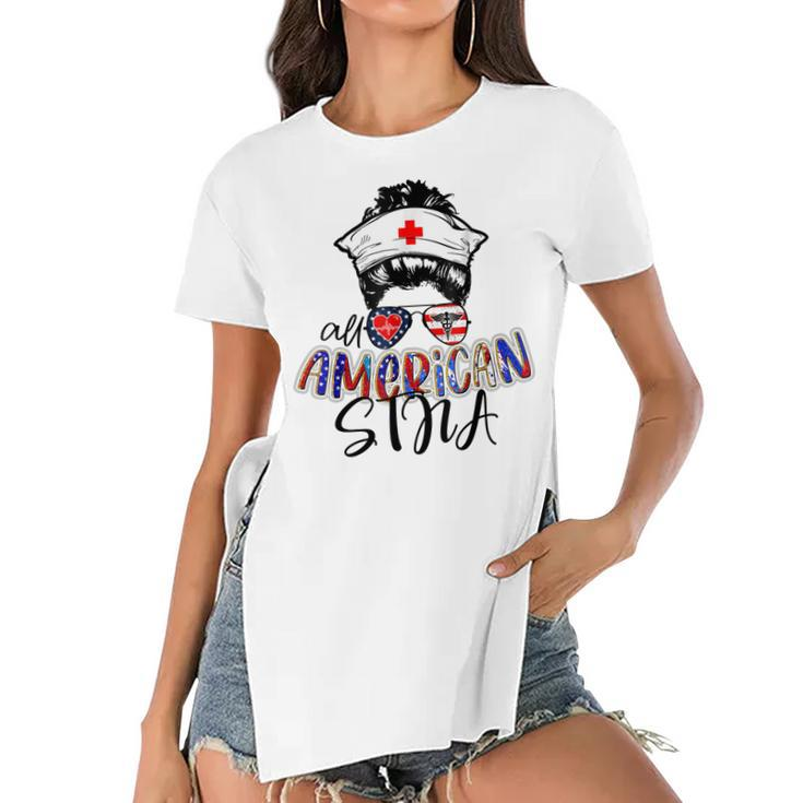 Stna All American Nurse Messy Buns Hair 4Th Of July Day Usa  Women's Short Sleeves T-shirt With Hem Split