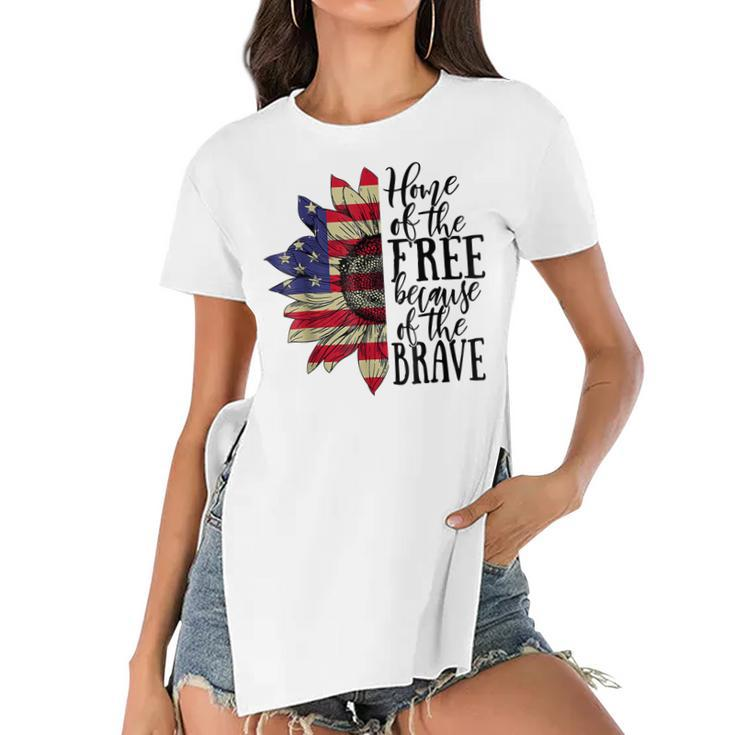 Sunflower Home Of The Free Because Of The Brave 4Th Of July  V2 Women's Short Sleeves T-shirt With Hem Split