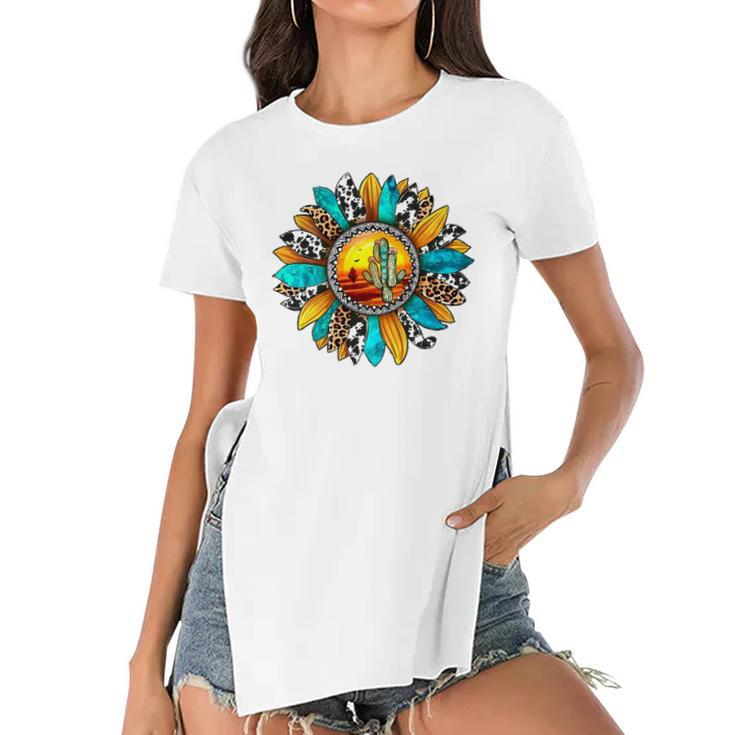 Texas Leopard Serape Cowhide Turquoise Sunflower Cactus Cow Women's Short Sleeves T-shirt With Hem Split