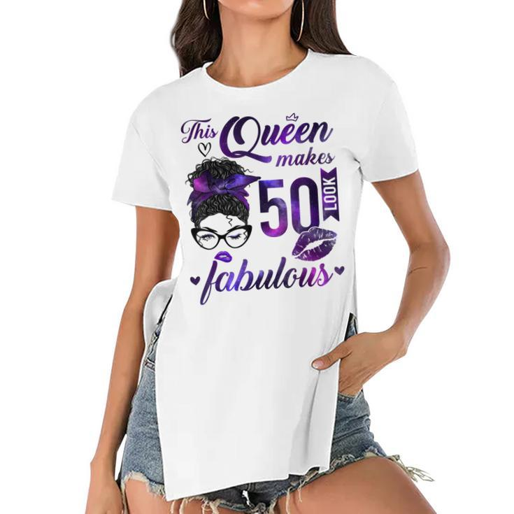 This Queen Makes 50 Look Fabulous 50Th Birthday Messy Bun  Women's Short Sleeves T-shirt With Hem Split