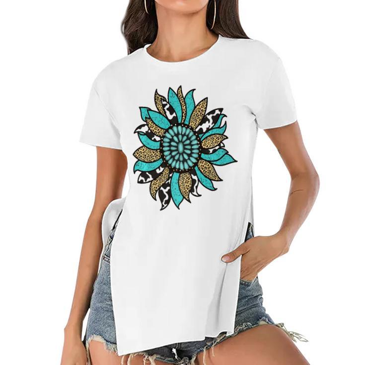 Turquoise Rodeo Decor Graphic Sunflower  Women's Short Sleeves T-shirt With Hem Split