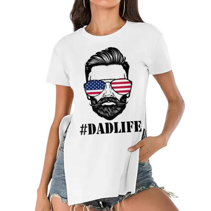 Womens Dad Life Sunglasses American Flag Fathers Day 4Th Of July  Women's Short Sleeves T-shirt With Hem Split