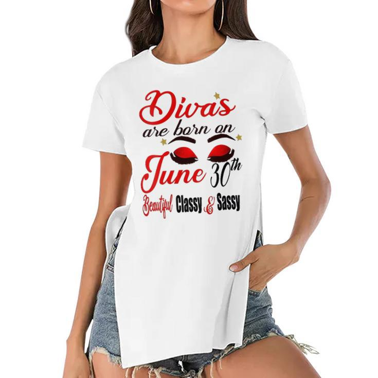 Womens Divas Are Born On June 30Th Cancer Girl Astrology June Queen V Neck Women's Short Sleeves T-shirt With Hem Split