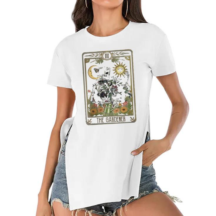 Womens Floral Skeleton Gardening Tarot The Gardener Plant Lovers Women's Short Sleeves T-shirt With Hem Split