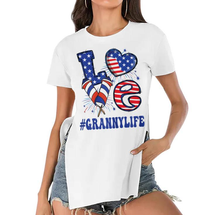 Womens Granny Love Usa Flag Grandma 4Th Of July Family Matching  Women's Short Sleeves T-shirt With Hem Split