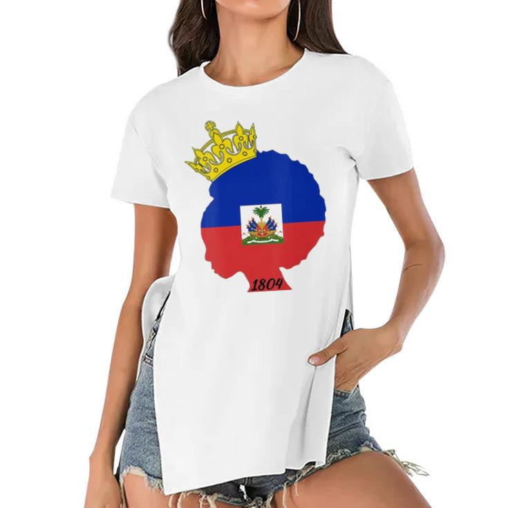 Womens Haitian Afro Queen 1804 Haiti Flag Day Crown Women Gift Women's Short Sleeves T-shirt With Hem Split