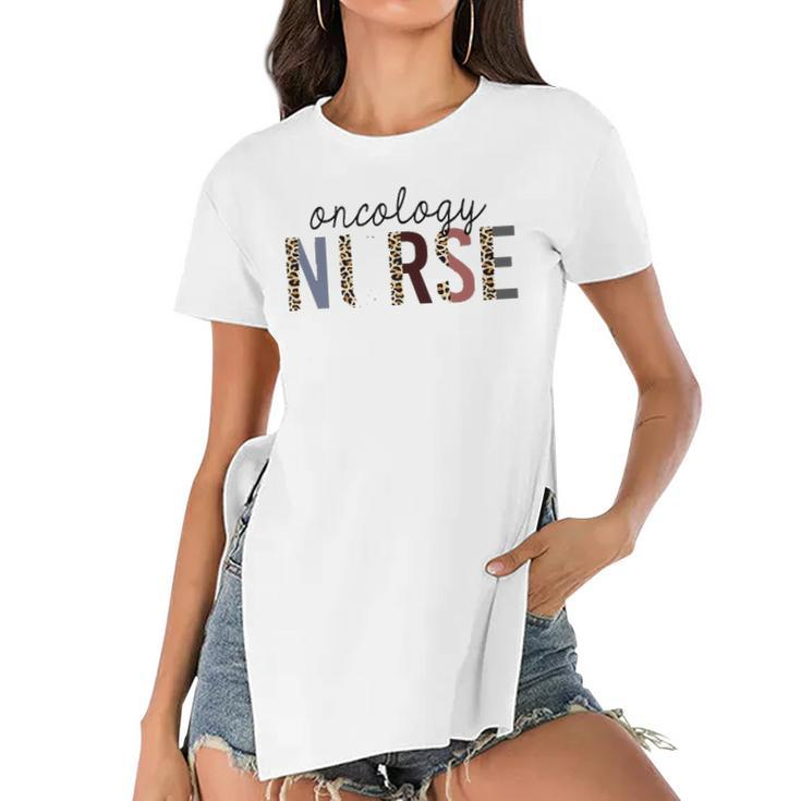 Womens Oncology Nurse Leopard Print Nursing School Women  Women's Short Sleeves T-shirt With Hem Split