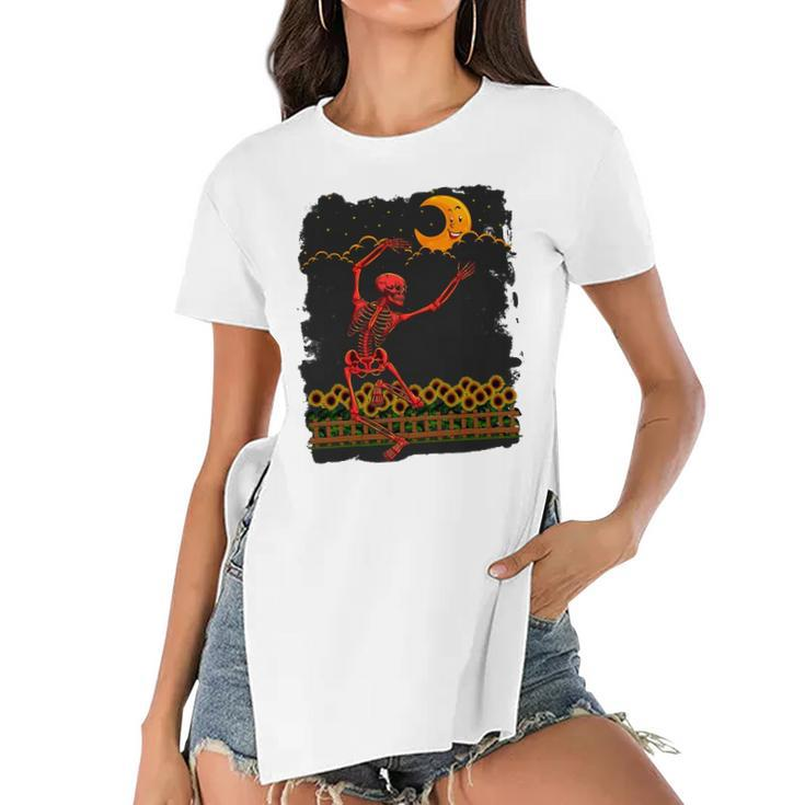Womens Skeleton Macabre Dancing Red Graphic Goth Halloween Women's Short Sleeves T-shirt With Hem Split