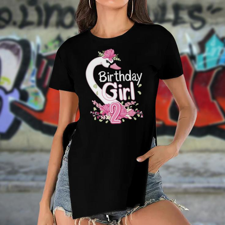 2Nd Birthday Wildlife Swan Animal 2 Years Old Birthday Girl Women's Short Sleeves T-shirt With Hem Split