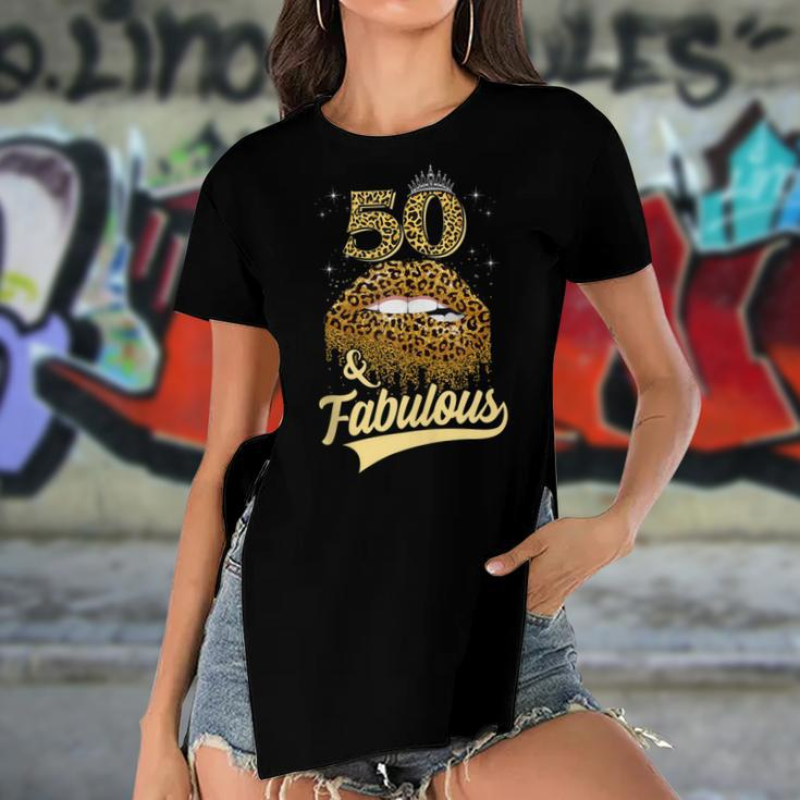 50 And Fabulous Queen Happy Birthday 50Th Leopard Sexy Lips Women's Short Sleeves T-shirt With Hem Split