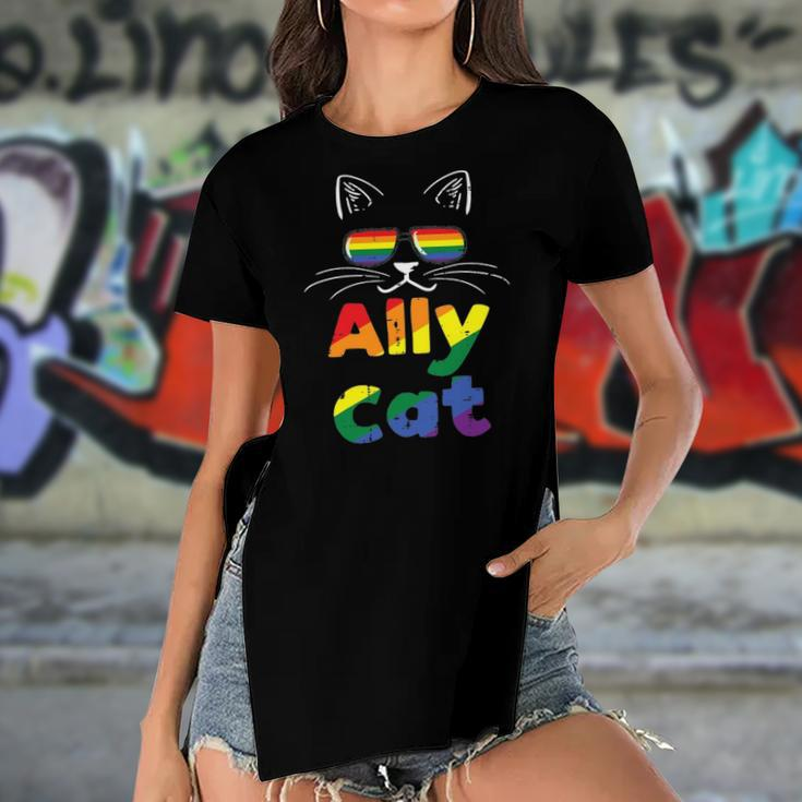 Ally Cat Pride Month Straight Ally Gay Lgbtq Lgbt Women Women's Short Sleeves T-shirt With Hem Split