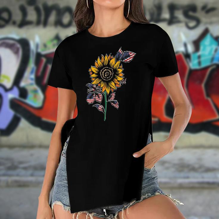 American Flag Sunflower Design Patriotic Usa Flag Sunflower Women's Short Sleeves T-shirt With Hem Split