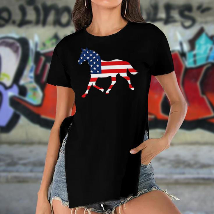 American Patriotic Horse Usa Flag July 4Th Gift Equestrian Women's Short Sleeves T-shirt With Hem Split