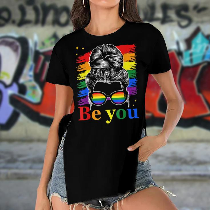 Be You Pride Lgbtq Gay Lgbt Ally Rainbow Flag Woman Face Women's Short Sleeves T-shirt With Hem Split