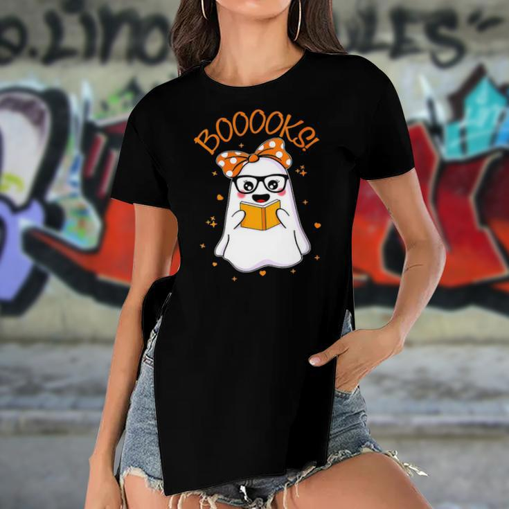 Booooks Cute Ghost Reading Library Books Halloween Teacher Women's Short Sleeves T-shirt With Hem Split