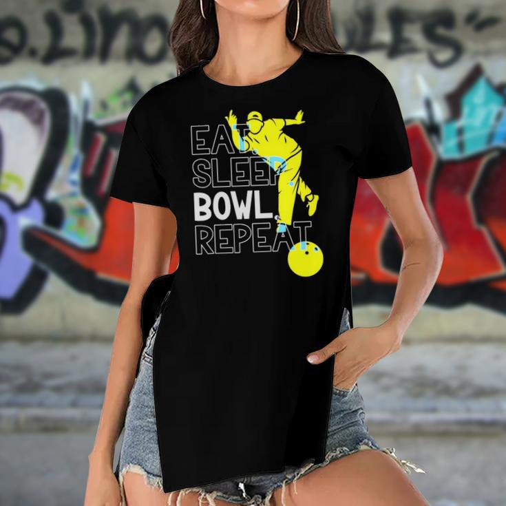 Bowling Eat Sleep Bowl Repeat Women's Short Sleeves T-shirt With Hem Split