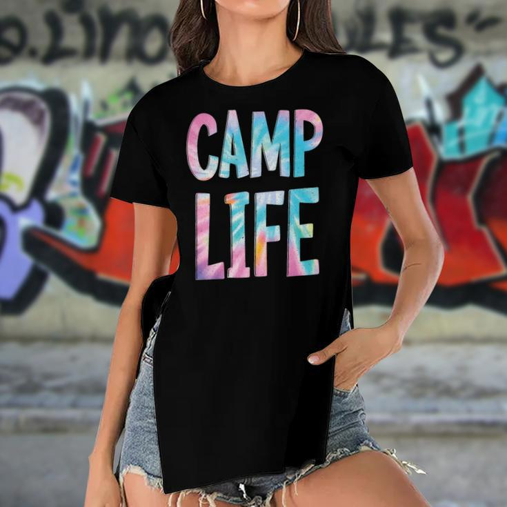 Camp Life Tie-Die Summer Top For Girls Summer Camp Tee Women's Short Sleeves T-shirt With Hem Split