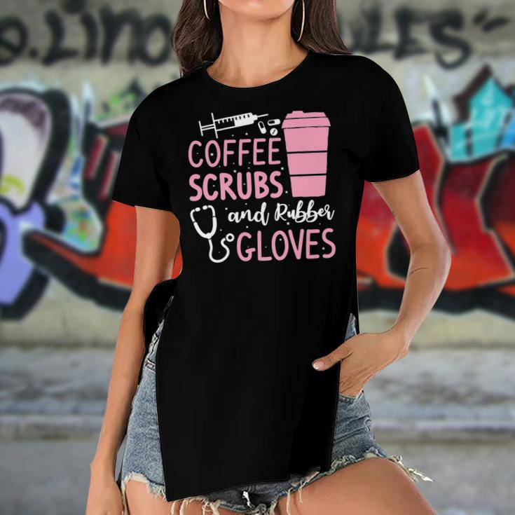 Coffee Scrubs And Rubber Gloves Medical Nurse Doctor Women's Short Sleeves T-shirt With Hem Split