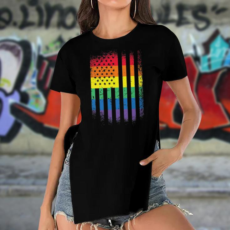 Distressed Rainbow Flag Gay Pride Rainbow Equality Women's Short Sleeves T-shirt With Hem Split